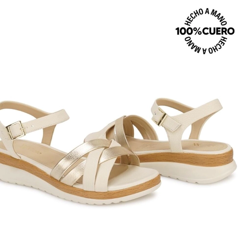 SANDALIA D'ORSAY CASUAL ALE-2603 HUESO/DORADO VIALE CUERO - 2