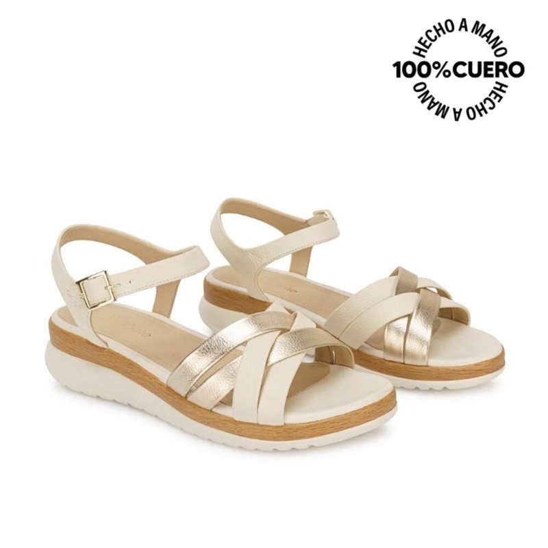 SANDALIA D'ORSAY CASUAL ALE-2603 HUESO/DORADO VIALE CUERO - 4