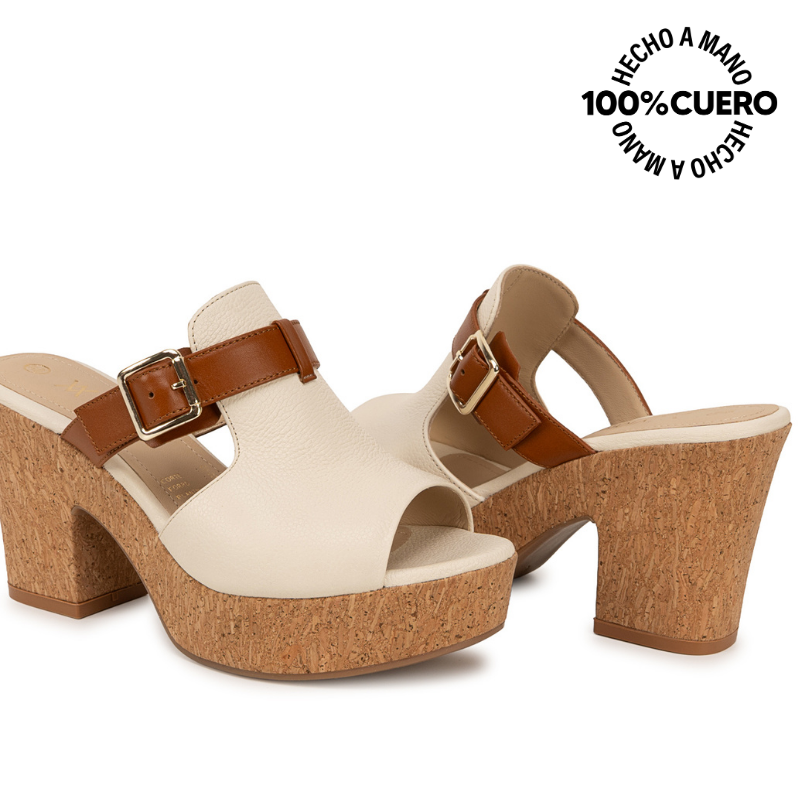 SANDALIA SLIDE CASUAL ALE-2606 HUESO/NATURAL VIALE CUERO - 2
