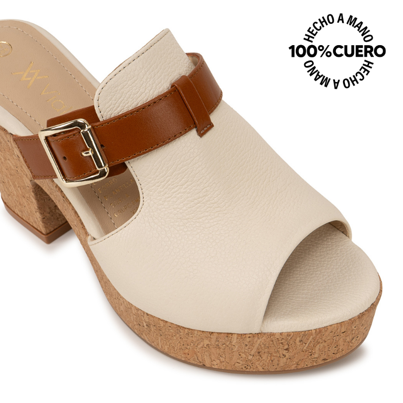 SANDALIA SLIDE CASUAL ALE-2606 HUESO/NATURAL VIALE CUERO - 3