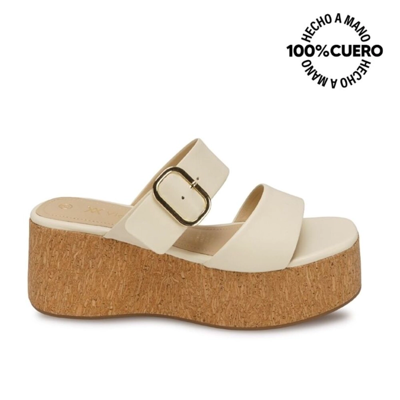 SANDALIA SLIDE CASUAL ALE-2631 HUESO VIALE CUERO - 1