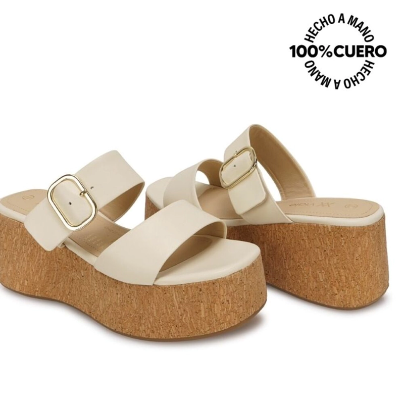 SANDALIA SLIDE CASUAL ALE-2631 HUESO VIALE CUERO - 2