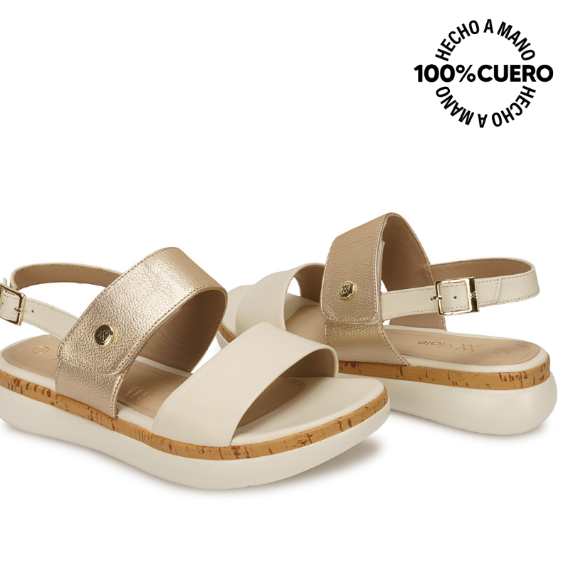SANDALIA D'ORSAY CASUAL ALE-2619 HUESO/DORADO VIALE CUERO - 2