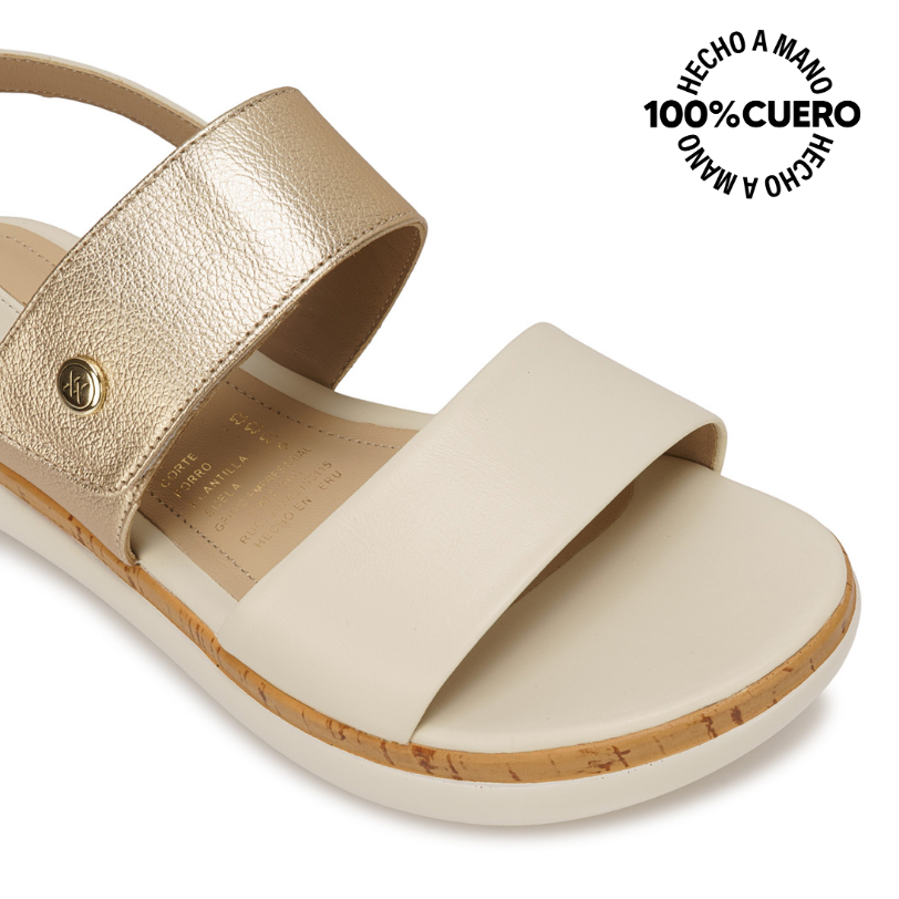 SANDALIA D'ORSAY CASUAL ALE-2619 HUESO/DORADO VIALE CUERO - 3
