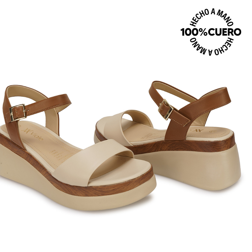 SANDALIA D'ORSAY CASUAL ALE-2625 MOCCA/VAINILLA VIALE CUERO - 2