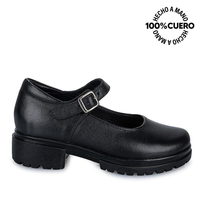 ZAPATO ESCOLAR BALLERINA CASUAL MANA-062 NEGRO RABBIT CUERO - 1