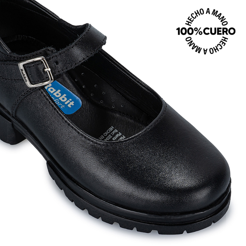 ZAPATO ESCOLAR BALLERINA CASUAL MANA-062 NEGRO RABBIT CUERO - 3
