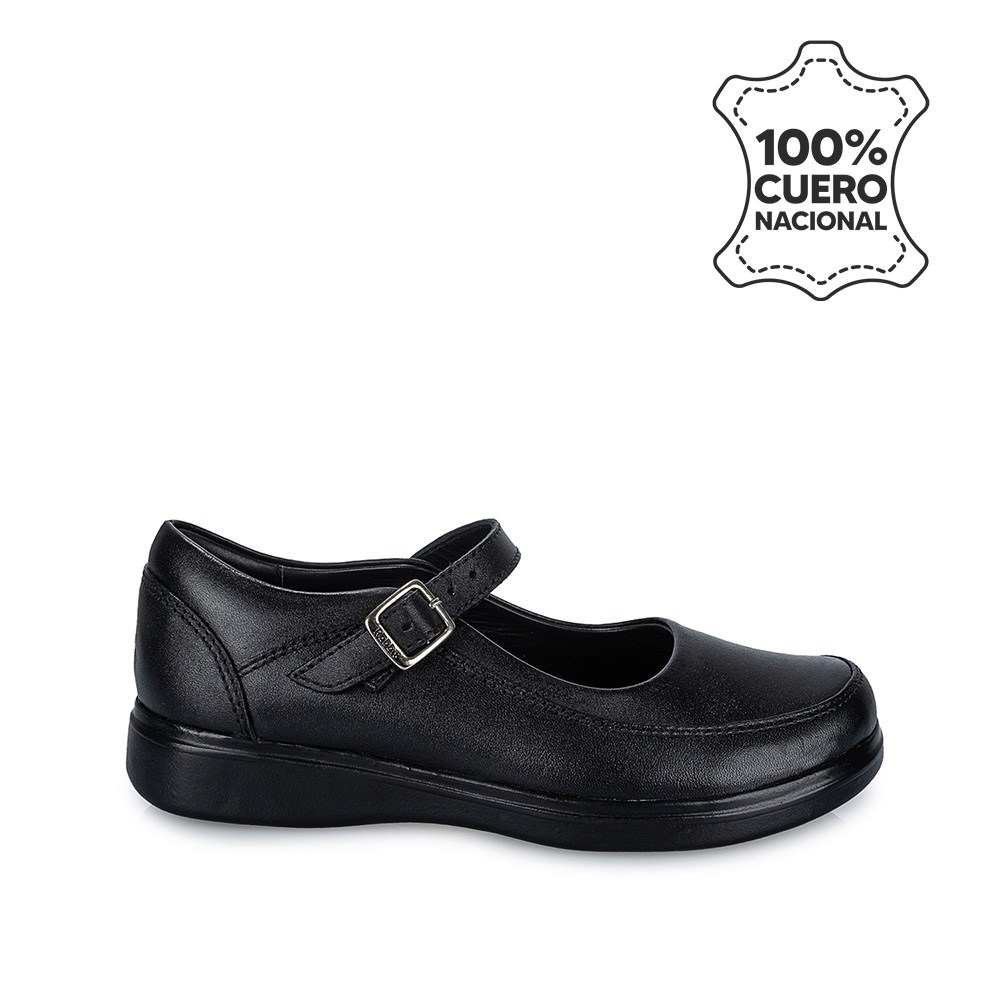 ZAPATO ESCOLAR BALLERINA BÁSICO MANA-057 NEGRO RABBIT CUERO - 1