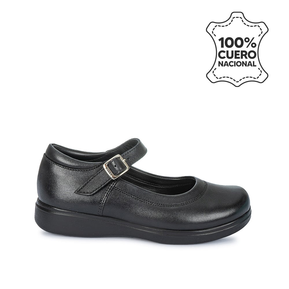 ZAPATO ESCOLAR BALLERINA BÁSICO MANA-055 NEGRO RABBIT CUERO - 1