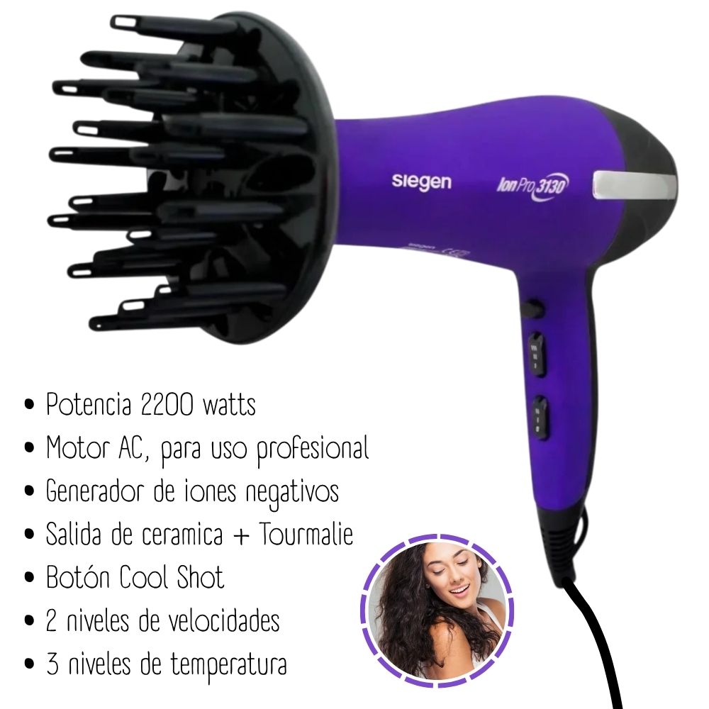SECADORA CABELLO SIEGEN SG 3130M 2200W PROFESIONAL ION PRO MORADA - 3