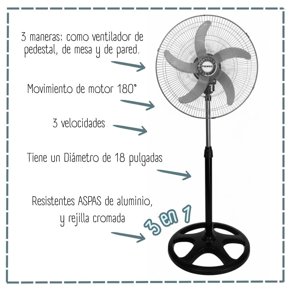 VENTILADOR DE PIE PREMIER AB-18PR-5B 160 WATTS 5 ASPAS PLATEADO - 3