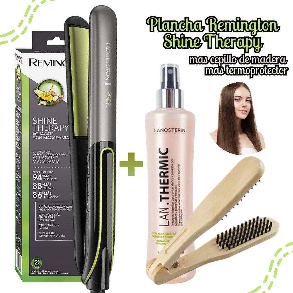 TRICOMBO PLANCHA ALISADORA REMINGTON SHINE THERAPY S12A + SPRAY + PEINE - 1