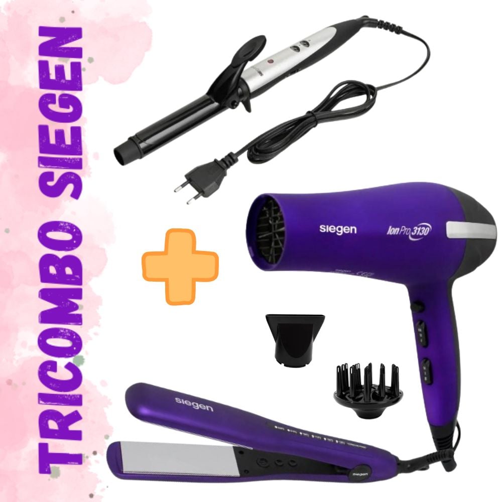 TRICOMBO PLANCHA ALISADORA SIEGEN SG-4750 + RIZADORA SIEGEN  25 MM + SECADORA SIEGEN  SG3031 2200W - 1