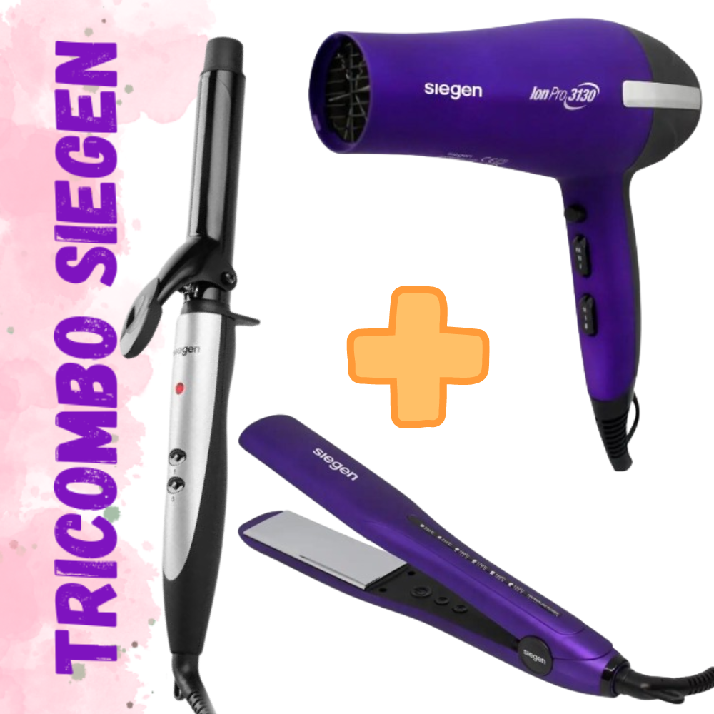 TRICOMBO PLANCHA ALISADORA SIEGEN SG-4750 + RIZADORA SIEGEN  25 MM + SECADORA SIEGEN  SG3031 2200W - 2