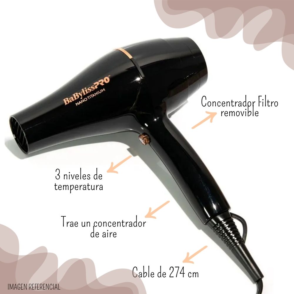 SECADORA PROFESIONAL BABYLISS PRO NANO TITANIUM ROSE BLACK CON DIFUSOR - 3