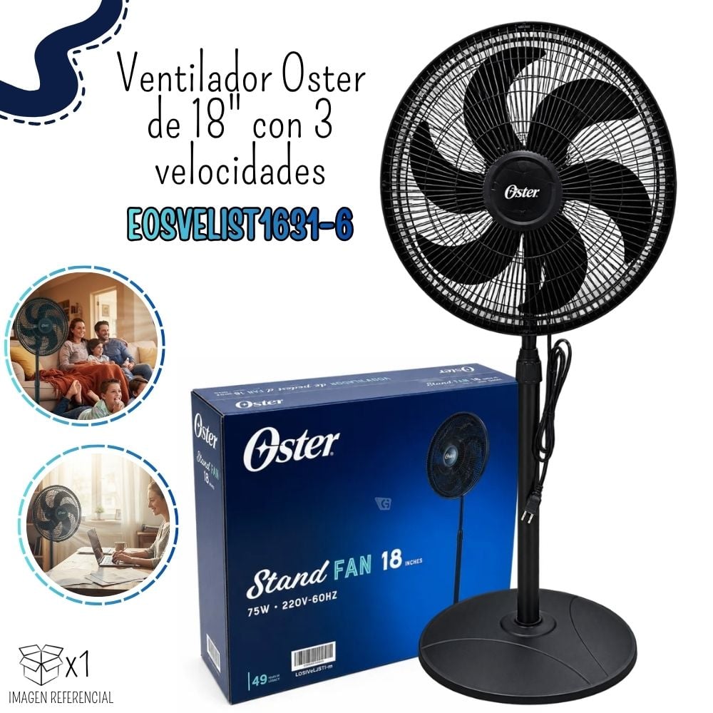 VENTILADOR OSTER DE PEDESTAL 18' COLOR NEGRO EOSVELIST1631-6H - 1