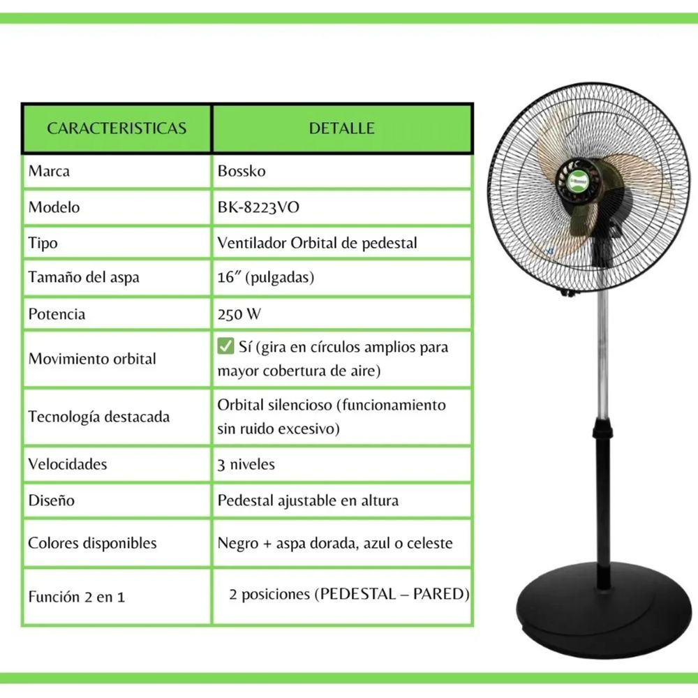 VENTILADOR BOSSKO ORBITAL 16' 2 EN 1 CON 3 ASPAS ACRÍLICAS - BK-8223VO - 3