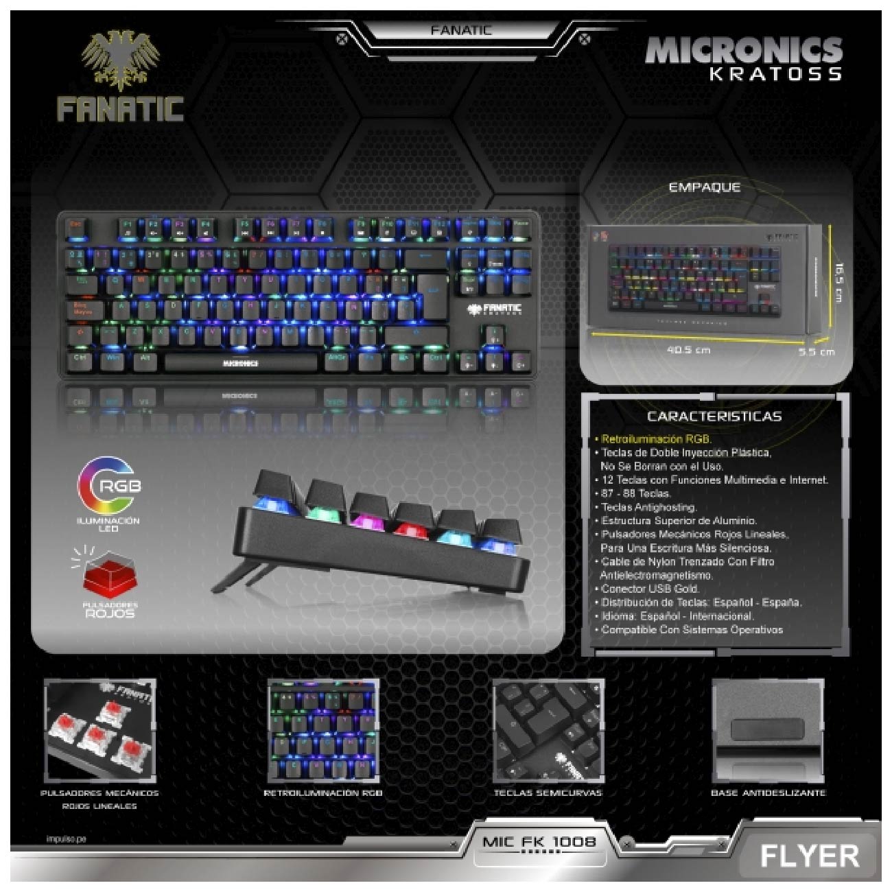 TECLADO WINDOWS Y OTROS MICRONICS KRATOSS MECÁNICO FANATIC FK1008 RGB - 4