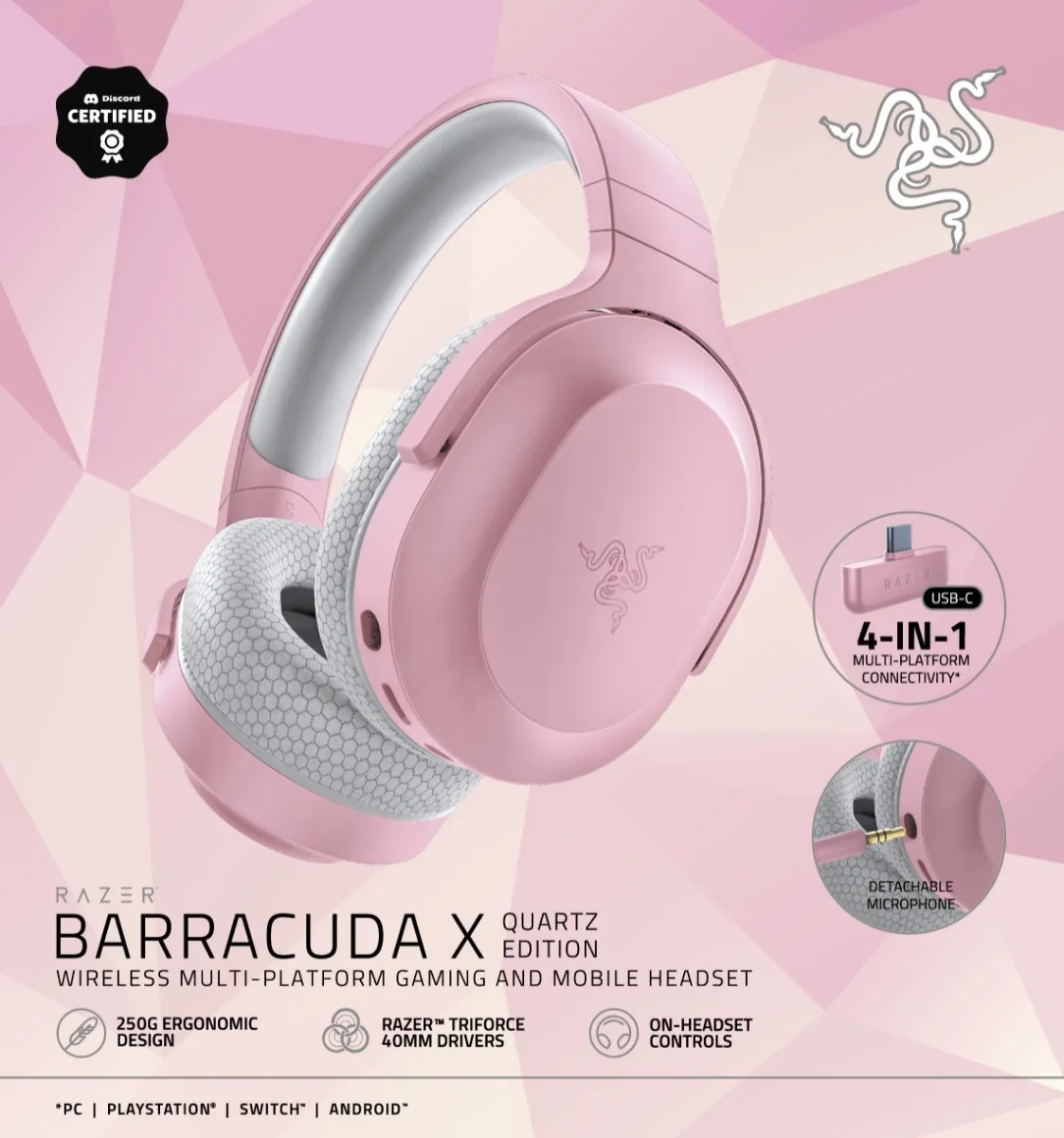 AUDÍFONO GAMER RAZER BARRACUDA X WIRELESS 7.1 QUARTZ ROSA MULTIPLATAFORMA - 6