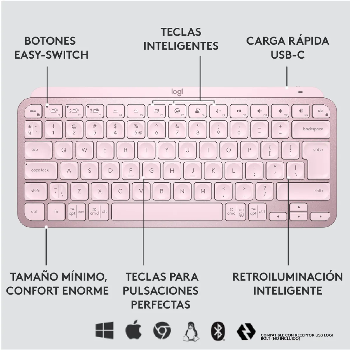 COMBO PRODUCTIVIDAD LOGITECH MX KEYS MINI Y MOUSE INALÁMBRICO MX ANYWHERE 3S ROSA - 4
