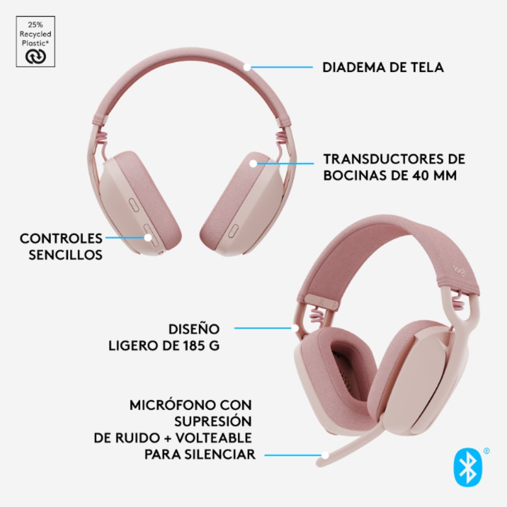 AUDIFONO CON MICROFONO LOGITECH ZONE VIBE 100 BT ROSADO - 7