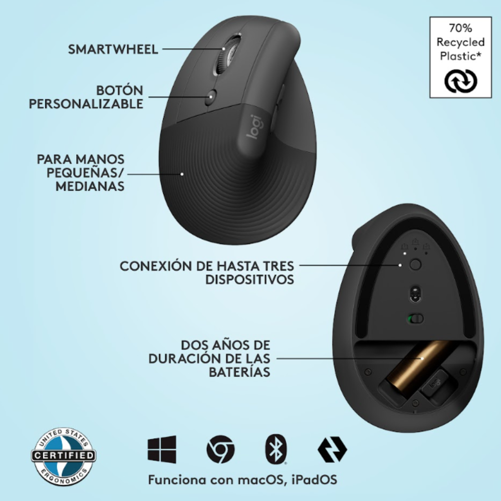 MOUSE LOGITECH LIFT VERTICAL ERGONOMIC WIRELESS BT ROSADO - 6