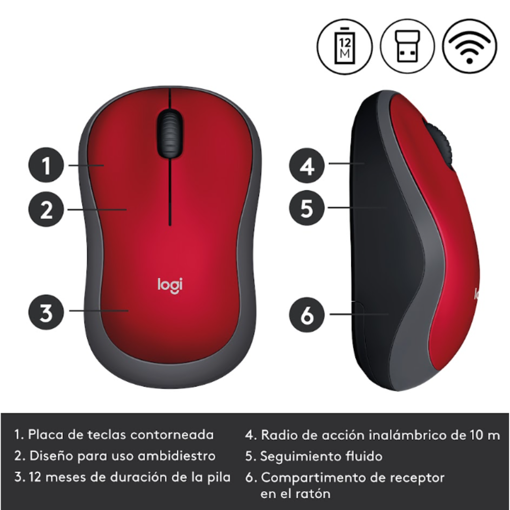 MOUSE LOGITECH M185 NANO WIRELESS ROJO - 4