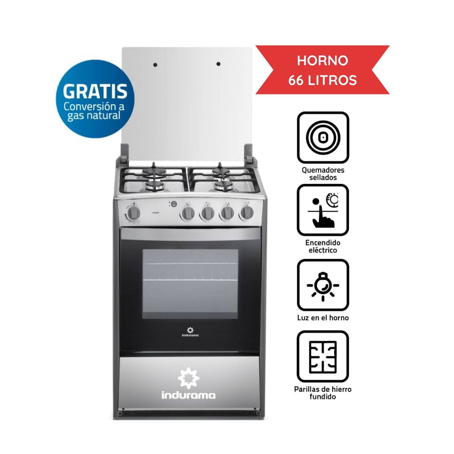 COCINA INDURAMA A GAS VIENA QZ 4 HORNILLAS CROMA - 1