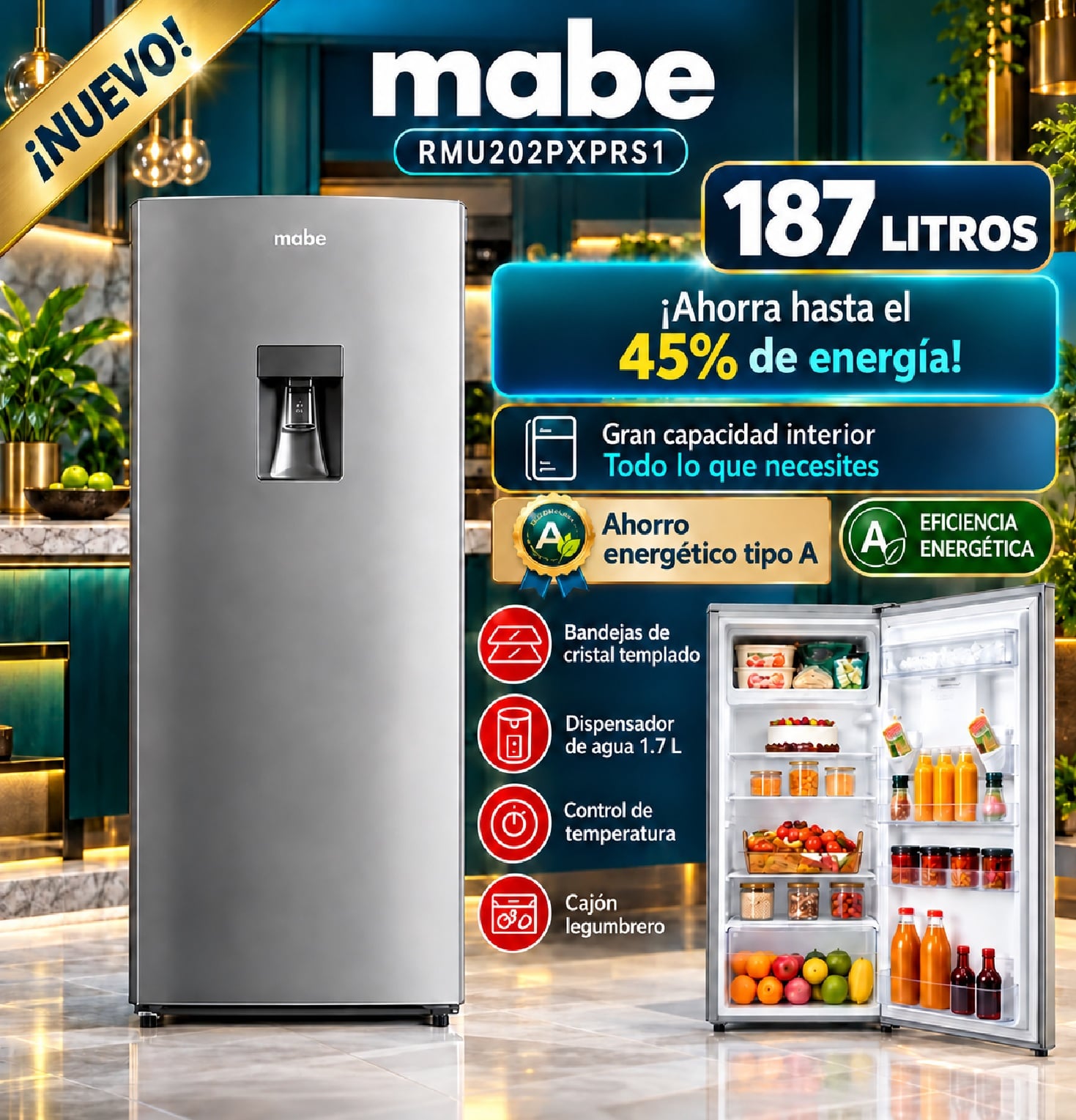 Refrigeradora Mabe 187LT RMU202PXPRS1 con Dispensador de Agua - Inox - 1