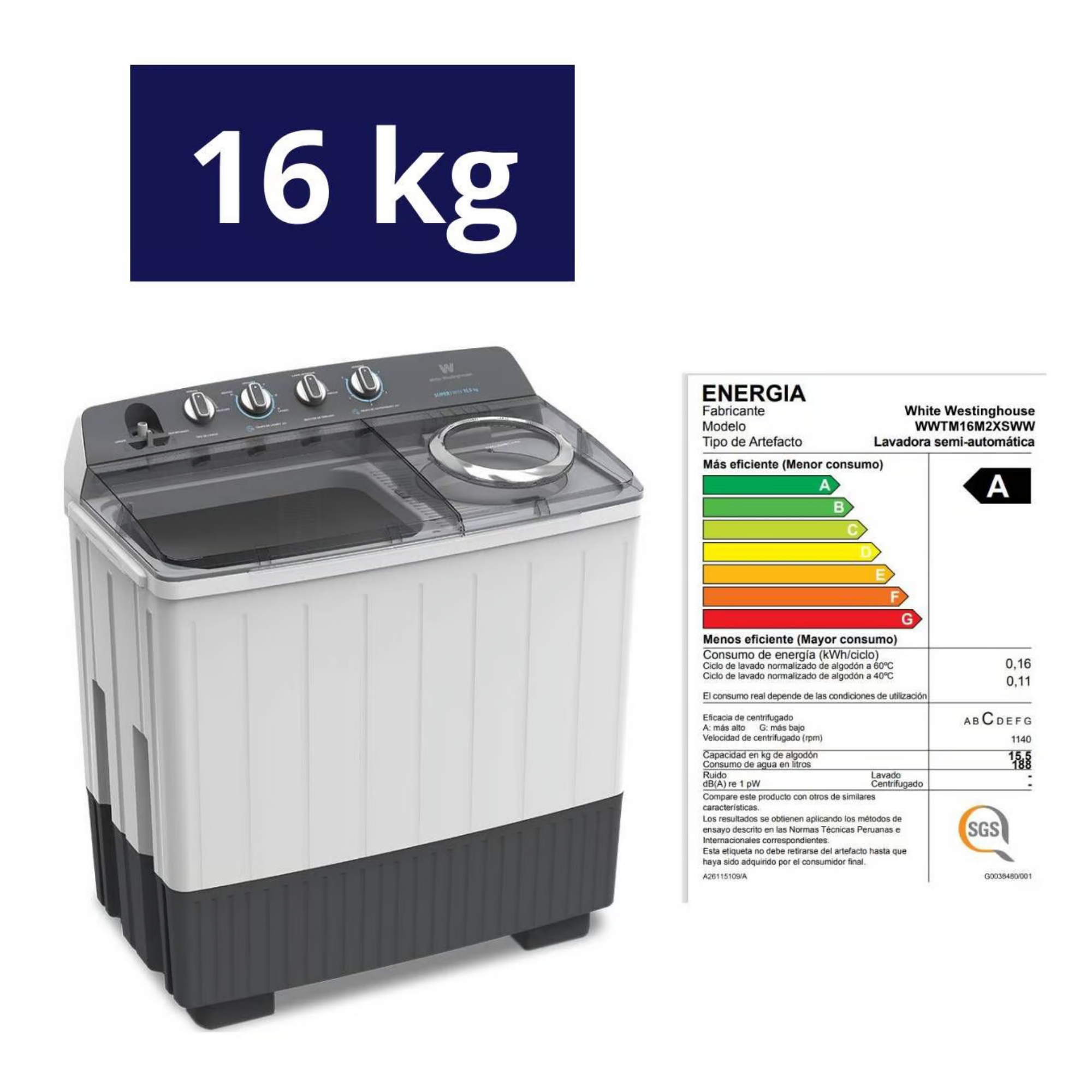 LAVADORA SEMIAUTOMÁTICA 16KG WWTM16M2XSWW WESTINGHOUSE. - 1