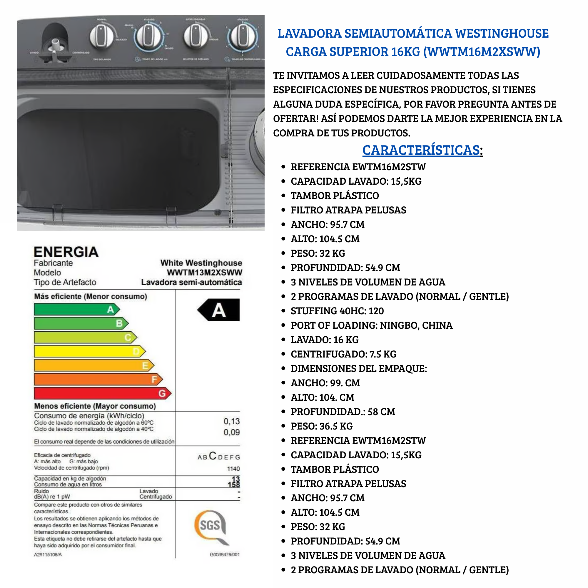 LAVADORA SEMIAUTOMÁTICA 16KG WWTM16M2XSWW WESTINGHOUSE. - 5