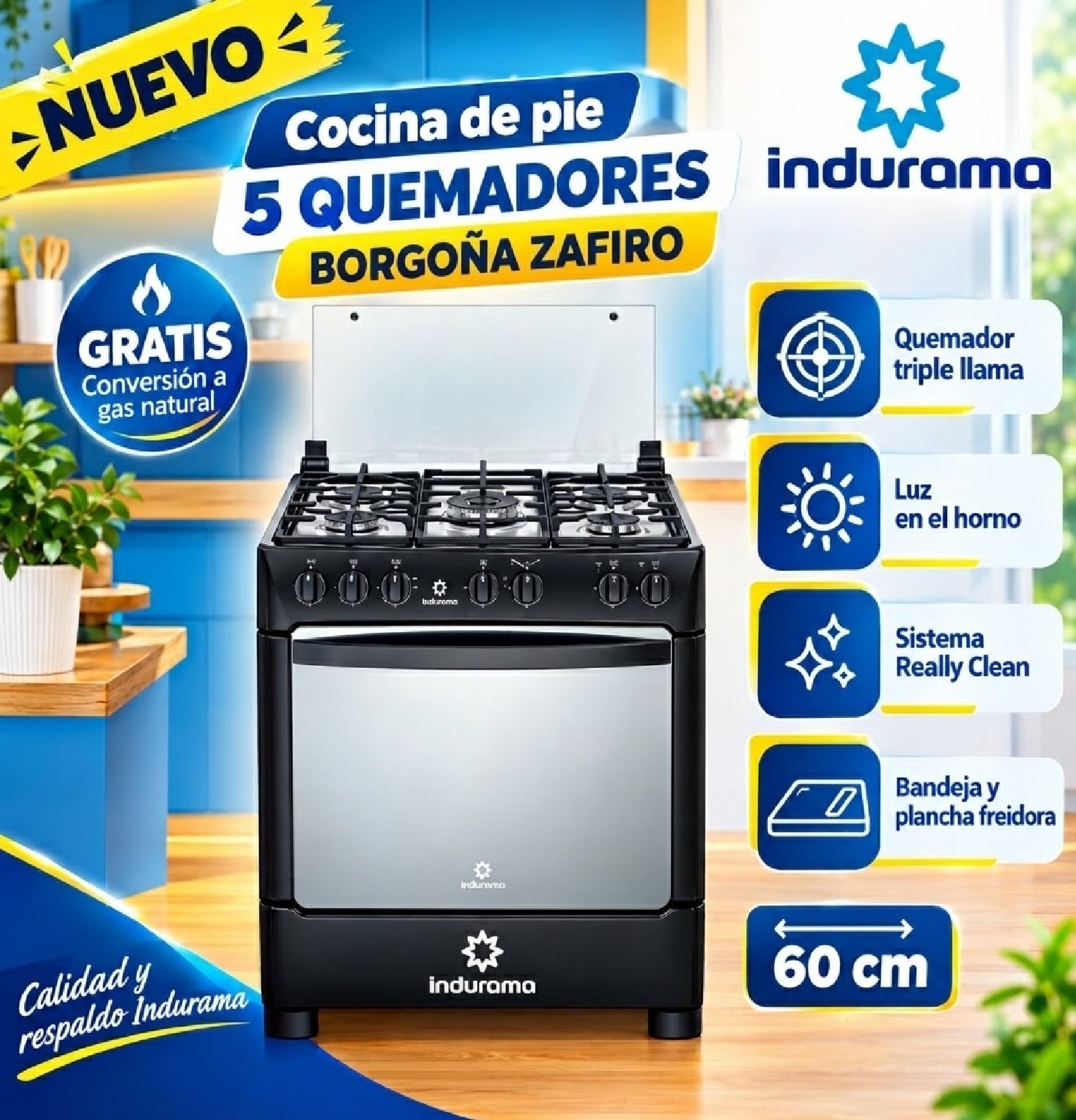 Cocina de pie Indurama 5 Quemadores Borgoña Zafiro Negro - 1