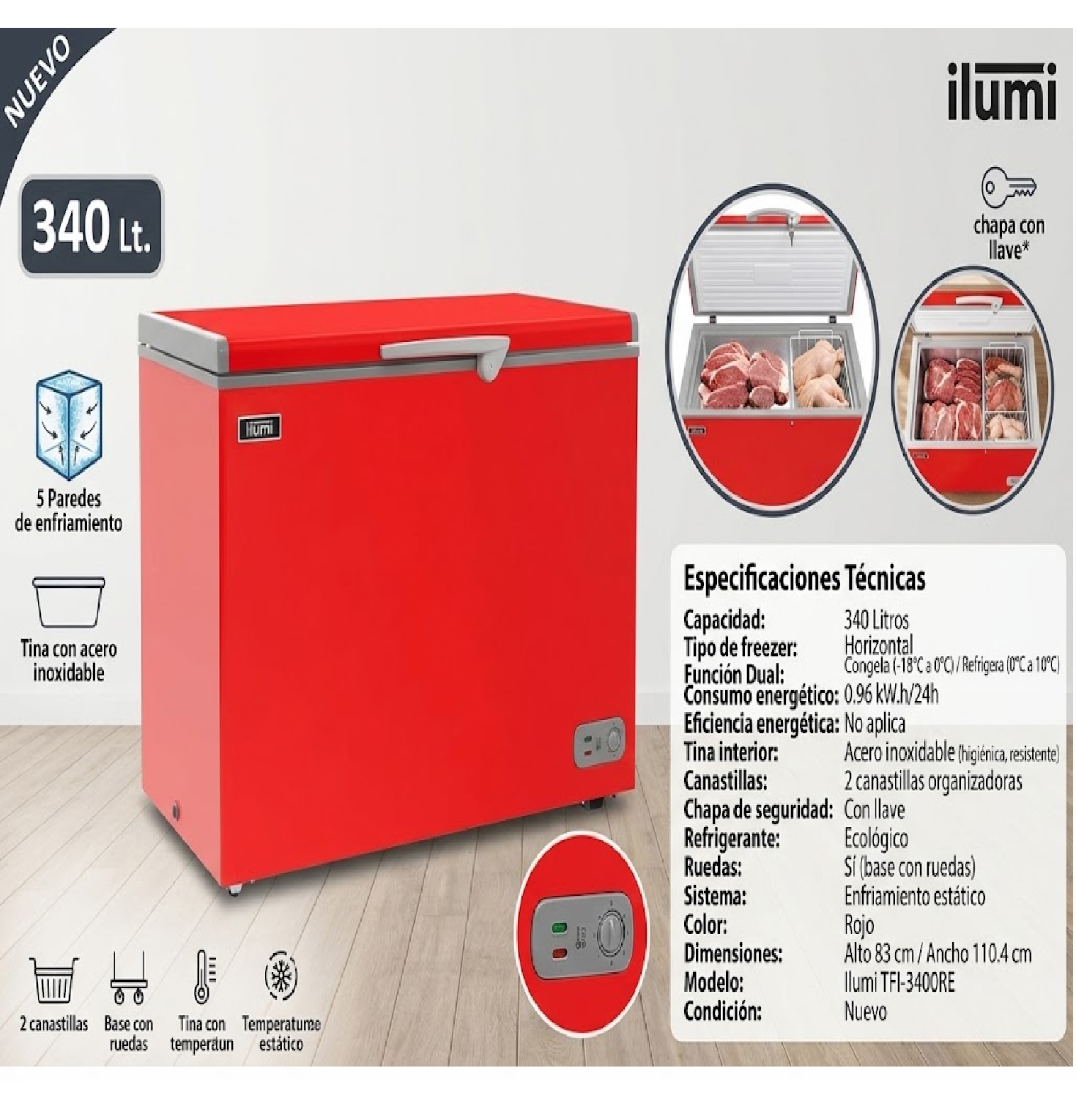 CONGELADOR ILUMI 340L CON TINA DE ACERO INOXIDABLE TFI-3400RE – ROJO - 5