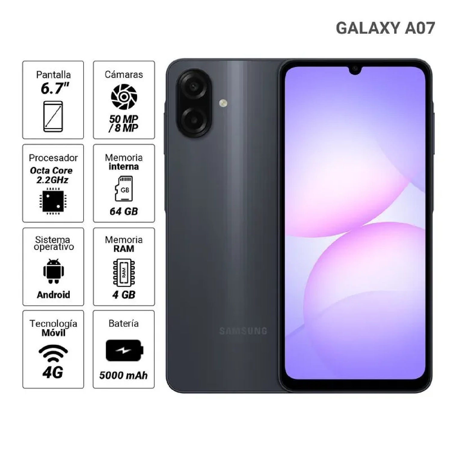 CELULAR SAMSUNG GALAXY A07 6.7' 4GB RAM 64GB CÁMARA 50MP - NEGRO - 1