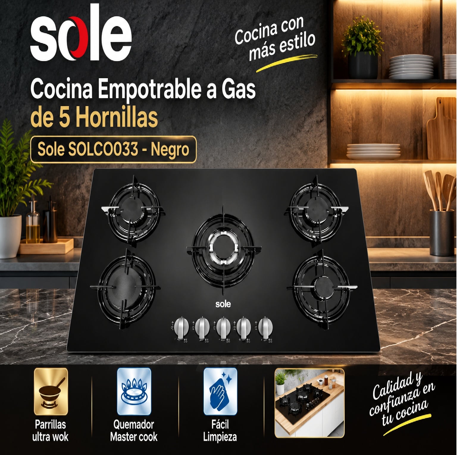 COCINA EMPOTRABLE A GAS DE 5 HORNILLAS SOLE SOLCO033 - NEGRO - 1
