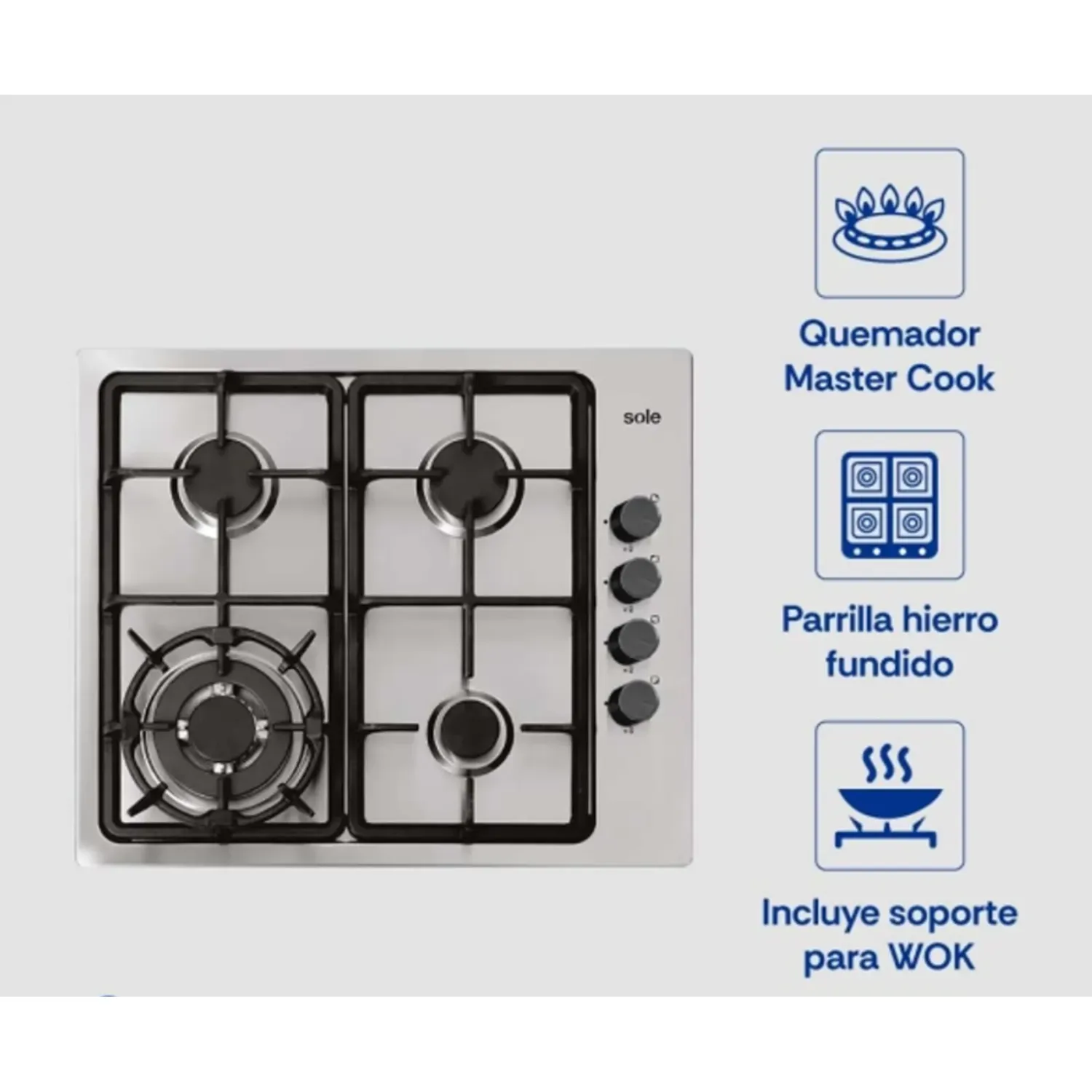 COCINA ENCIMERA A GAS DE ACERO INOXIDABLE 58 CM SOLE SOLCO036V2 - 1