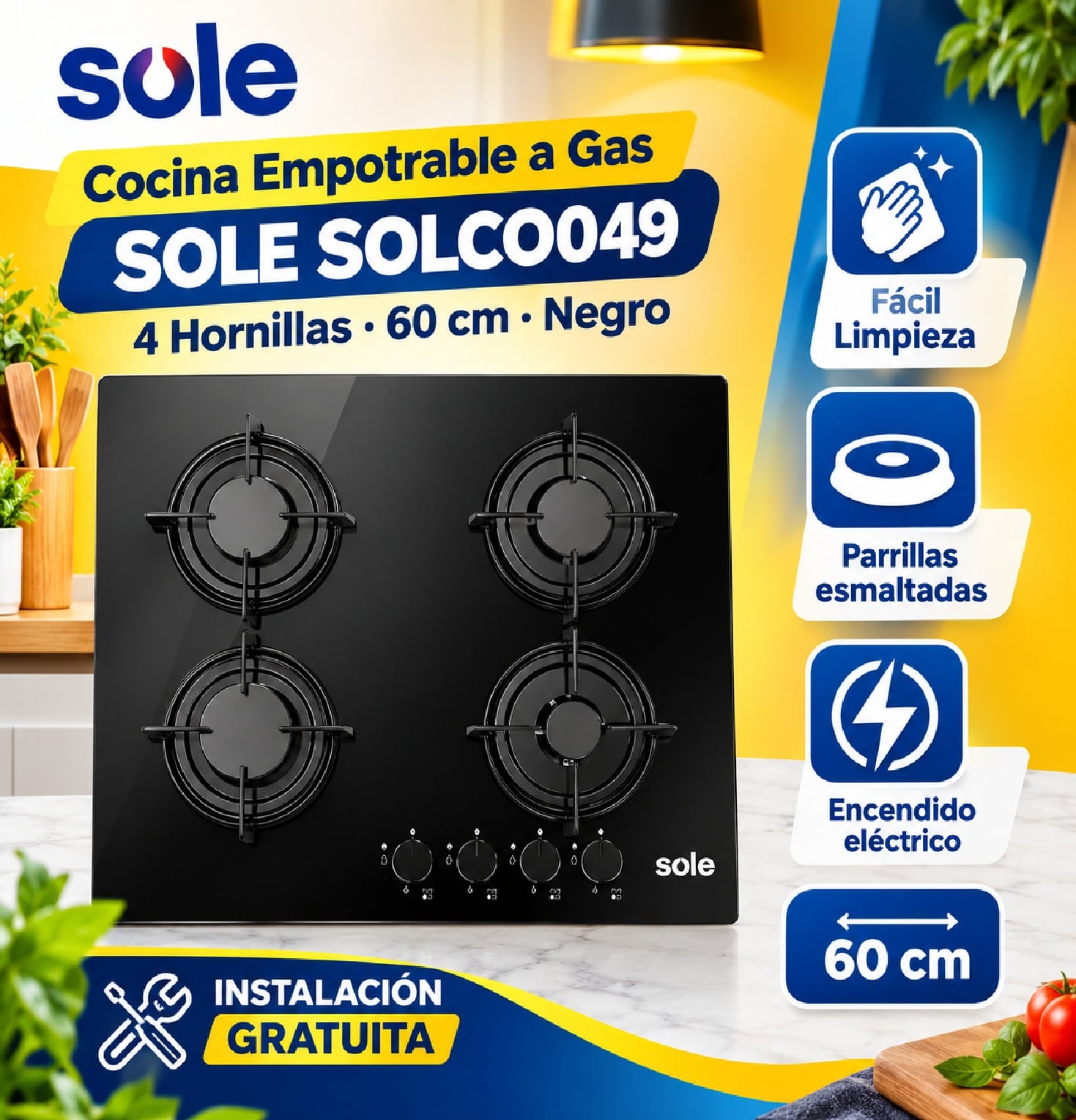 COCINA EMPOTRABLE A GAS SOLE SOLCO049 4 HORNILLAS 60 CM - NEGRO - 1