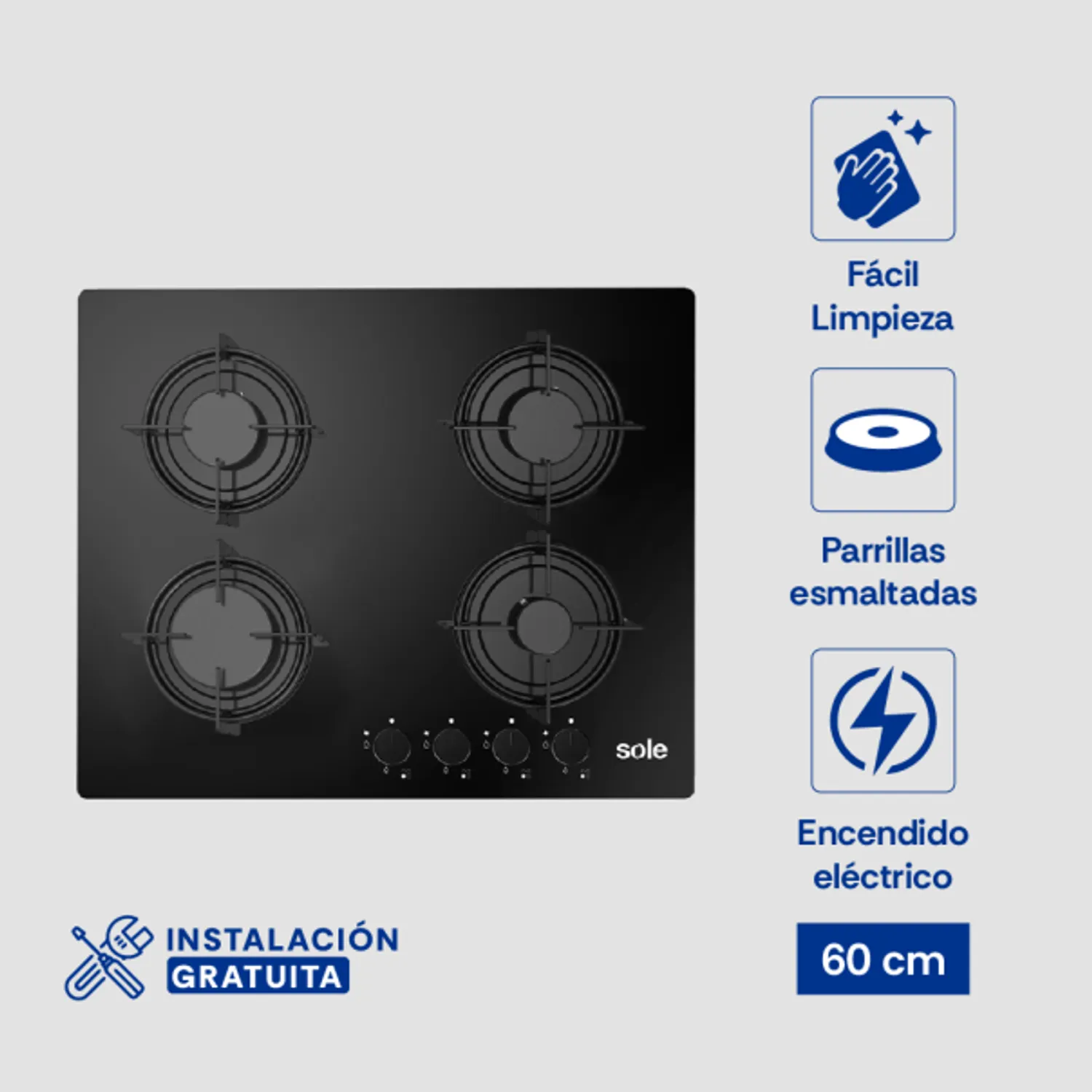 COCINA EMPOTRABLE A GAS SOLE SOLCO049 4 HORNILLAS 60 CM - NEGRO - 1