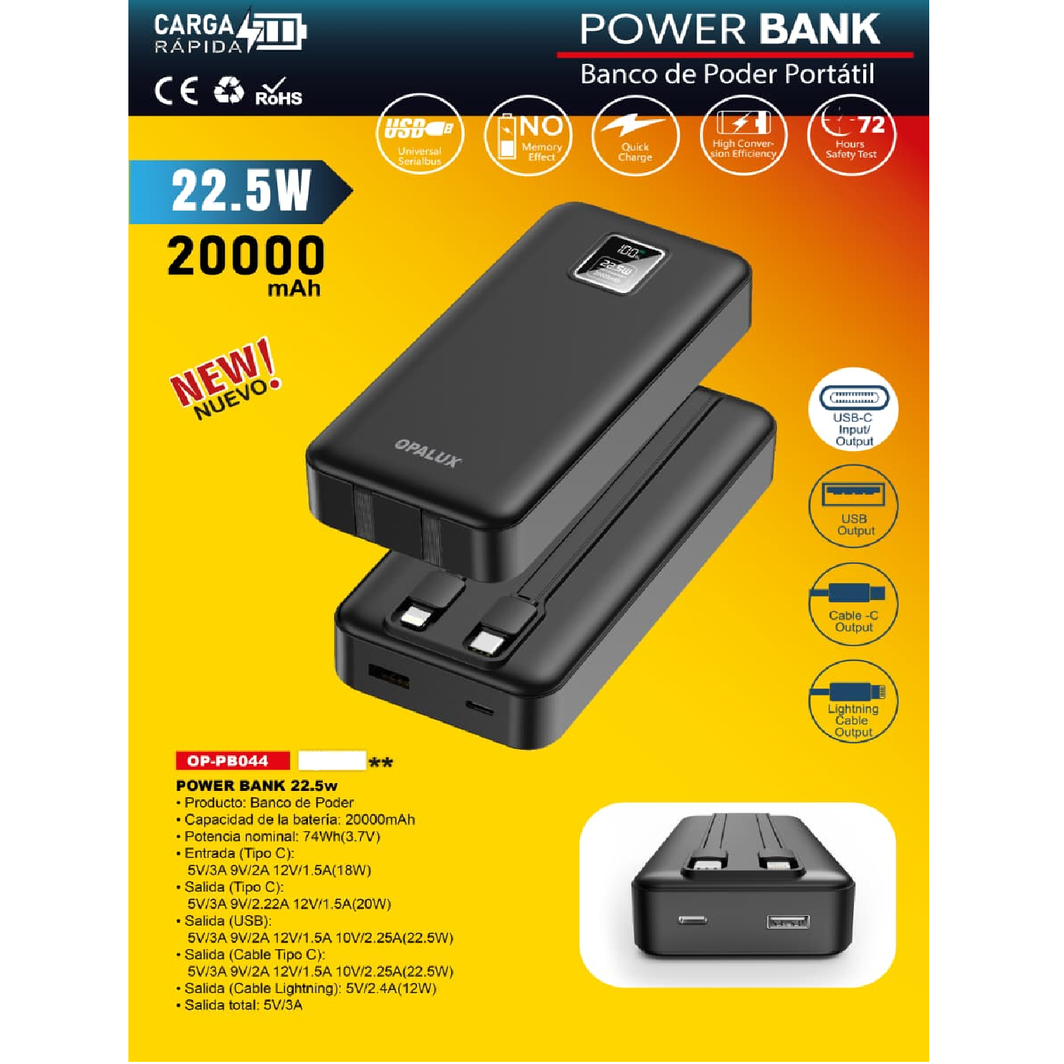 POWER BANK OPALUX 20000MAH CARGA RÁPIDA 22.5W - 1