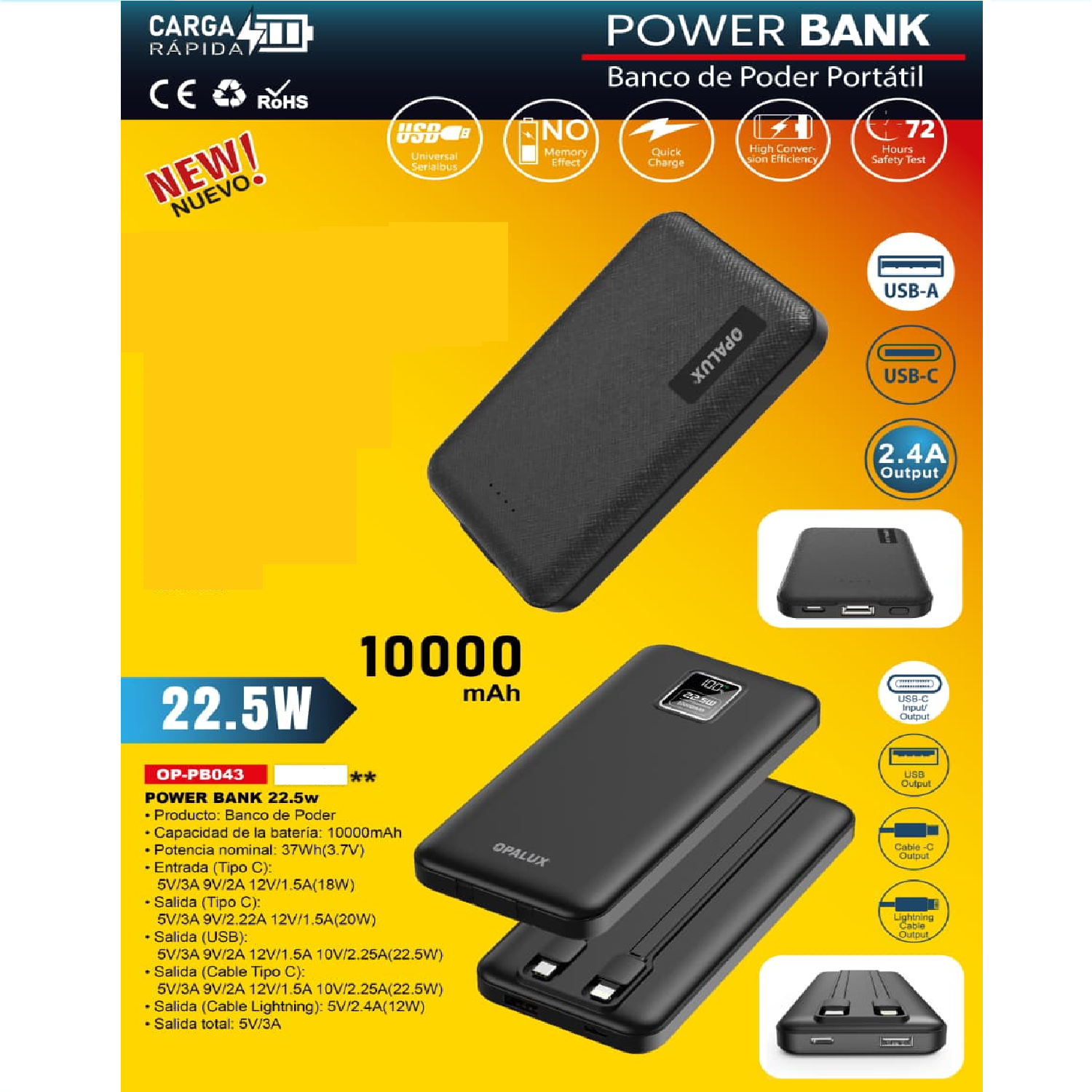 POWER BANK OPALUX 10000MAH CARGA RÁPIDA 22.5W - 1
