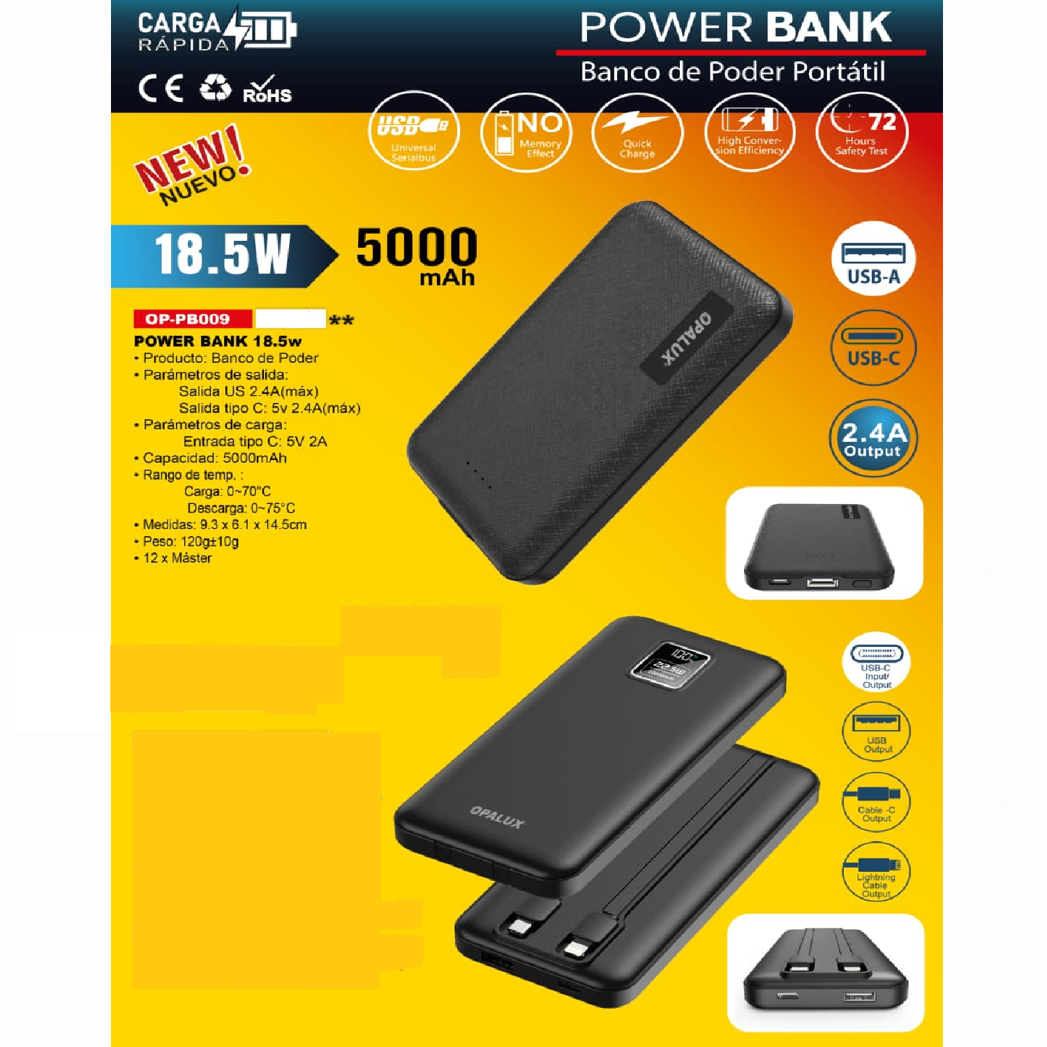 POWER BANK OPALUX 5000MAH CARGA RÁPIDA 18.5 W - 1