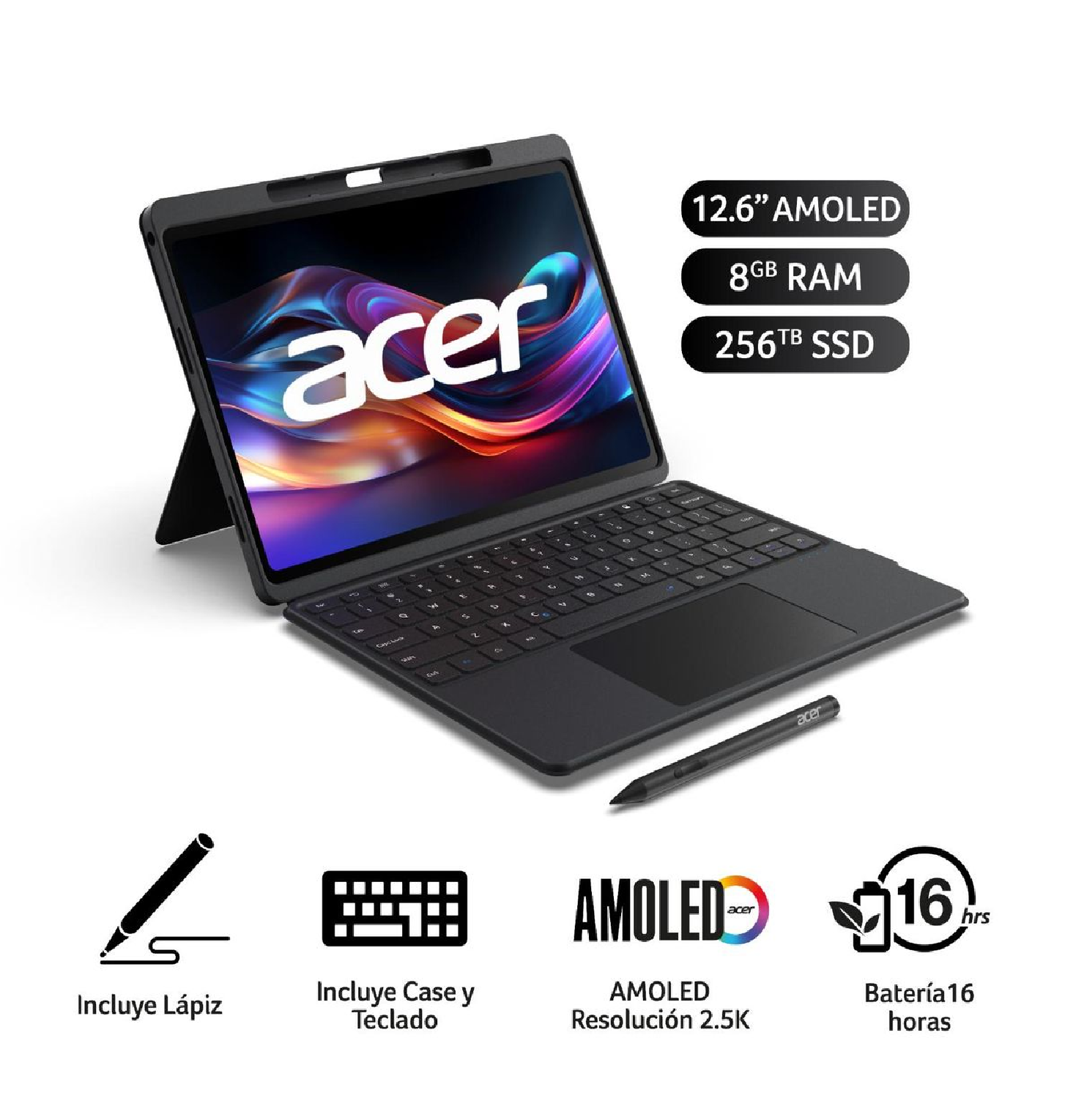 TABLET ACER ICÓNICA X12 OLED 12.6” 8GB RAM 256GB + TECLADO, LÁPIZ Y CASE – OLIVINE BLACK - 1