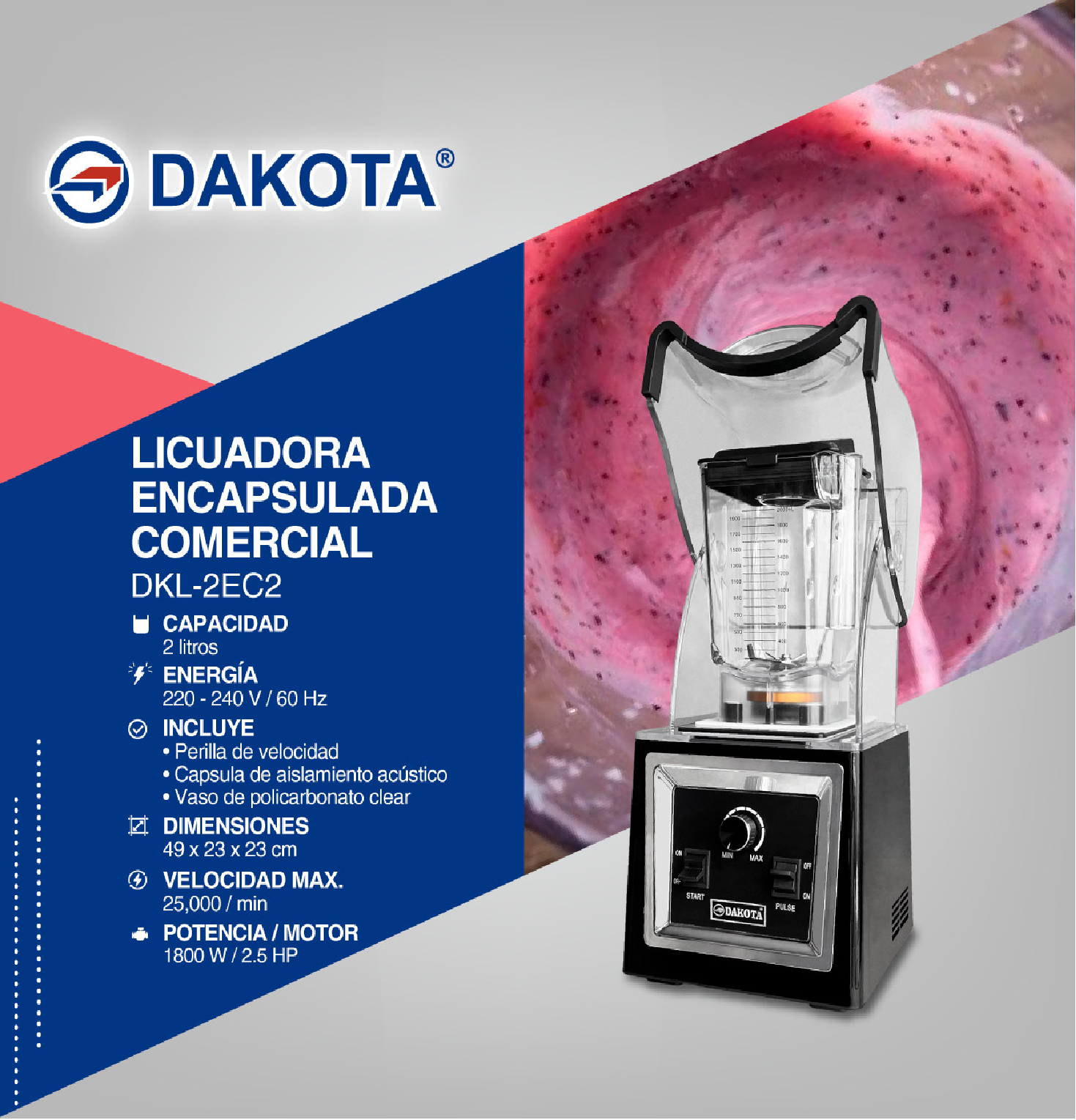 LICUADORA ENCAPSULADA 2 LITROS DAKOTA MODELO DKL-2EC2 - 3