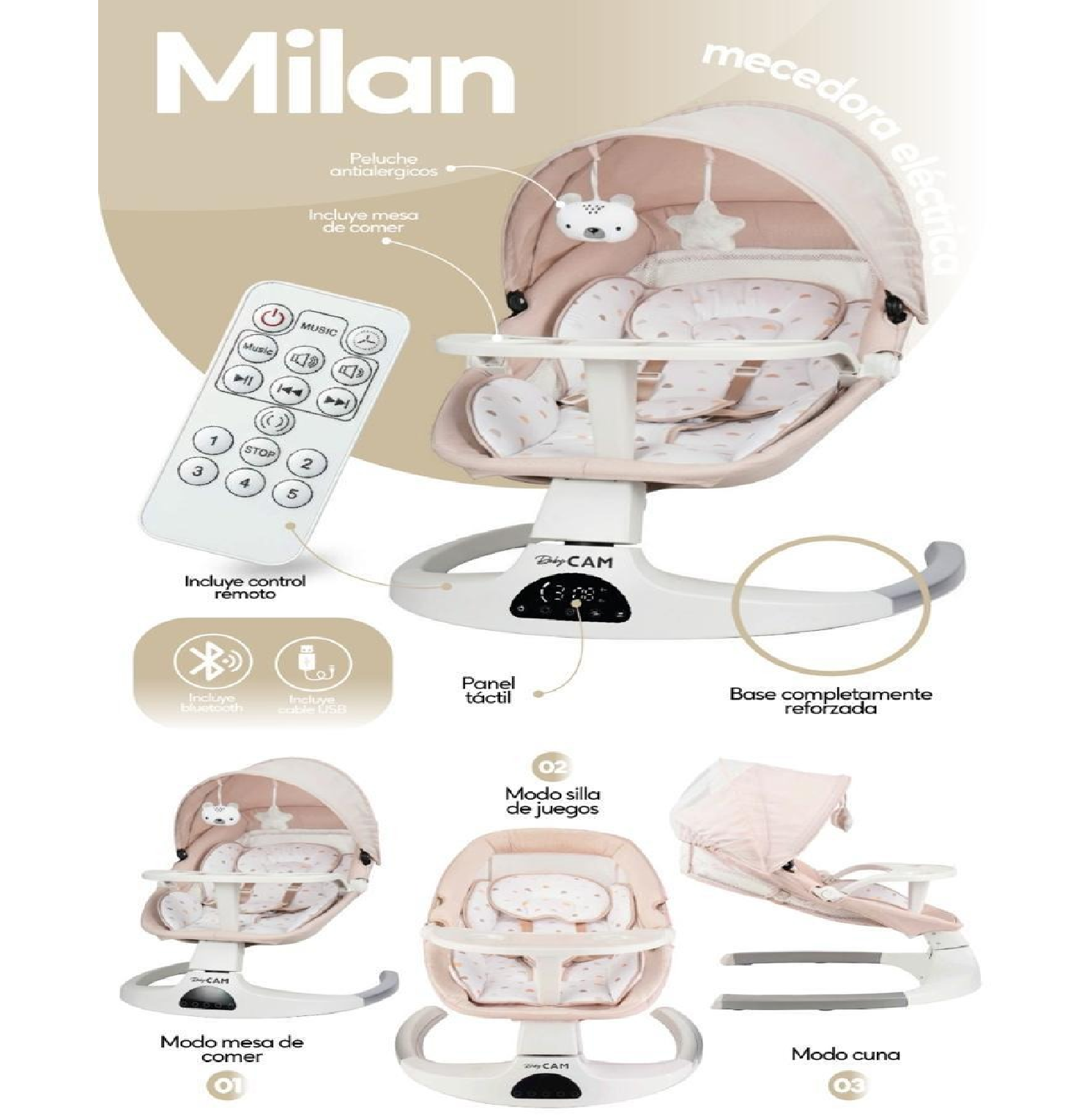 MECEDORA PARA BEBÉ MUSICAL AUTOMÁTICA CON SENSOR - BIEGE - 3