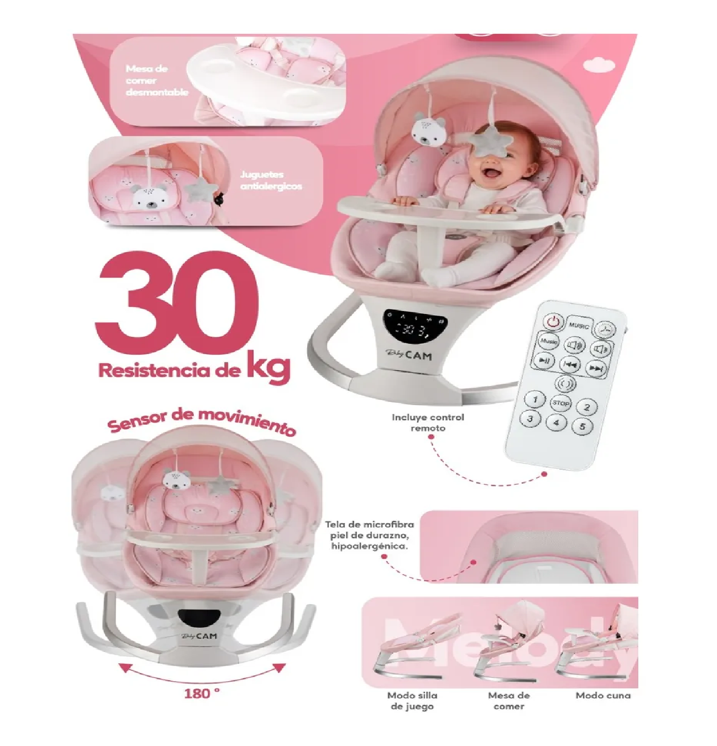MECEDORA PARA BEBÉ MUSICAL AUTOMÁTICA CON SENSOR - ROSA 2026 - 1