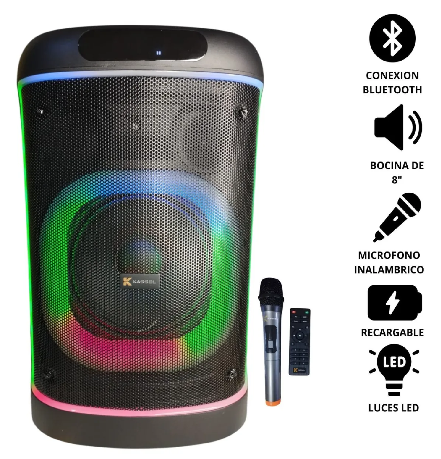 PARLANTE PORTÁTIL KASSEL RGB K816 8” TWS CON MICRÓFONO - 1