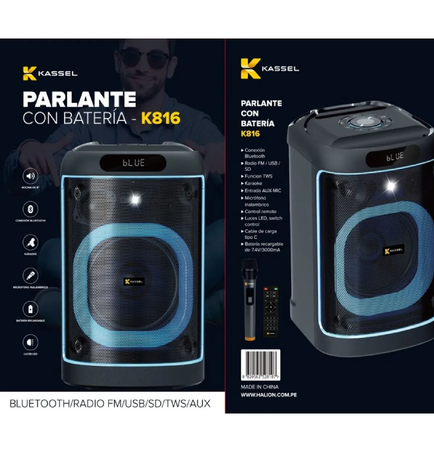 PARLANTE PORTÁTIL KASSEL RGB K816 8” TWS CON MICRÓFONO - 5