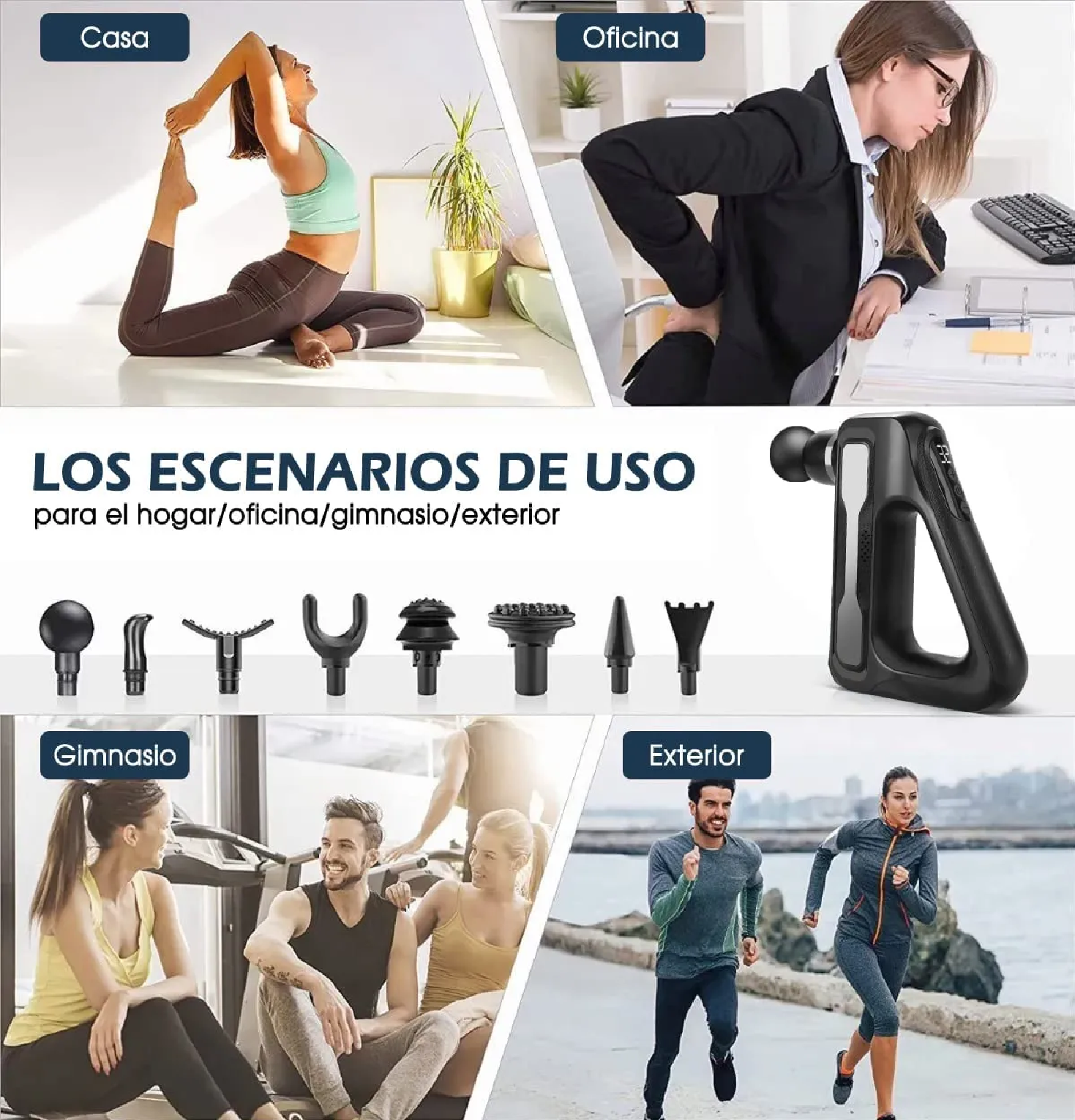 PISTOLA DE MASAJE TRIANGULAR RECARGABLE 32 NIVELES Y 8 CABEZALES - 4