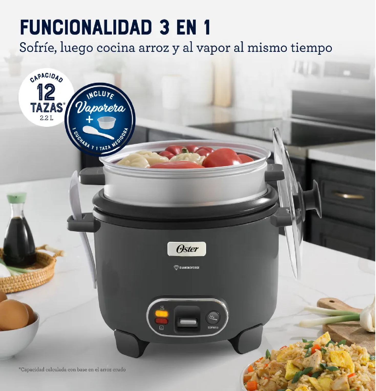 OLLA ARROCERA OSTER CKSTRC12DFSKE 2.2L CON VAPORERA Y FUNCIÓN SOFRITO - GRIS - 3