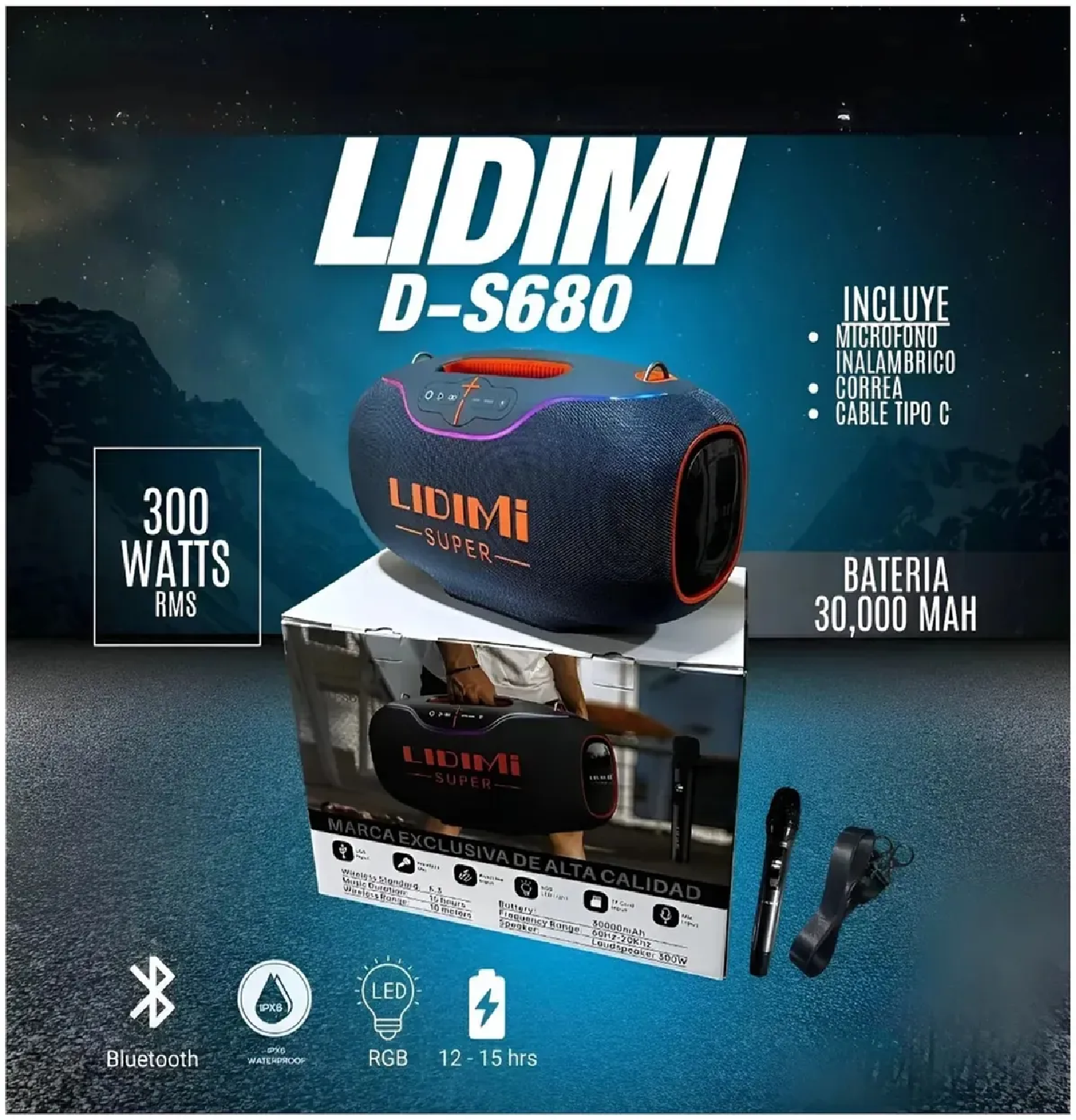 PARLANTE PORTÁTIL BLUETOOTH LIDIMI SUPER D-S680 300W CON MICRÓFONO INALÁMBRICO – NEGRO - 6